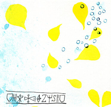 Abstract watercolor features yellow shapes and asemic writing