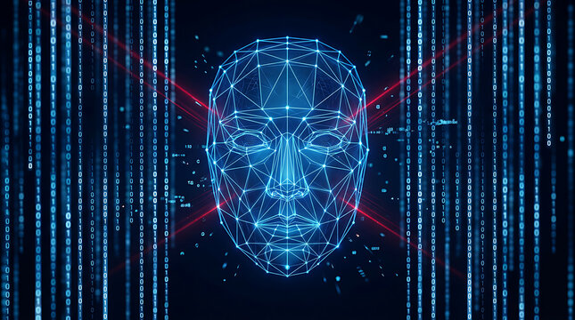 Digital representation of a human face constructed from interconnected lines and digital data streams in a futuristic neural