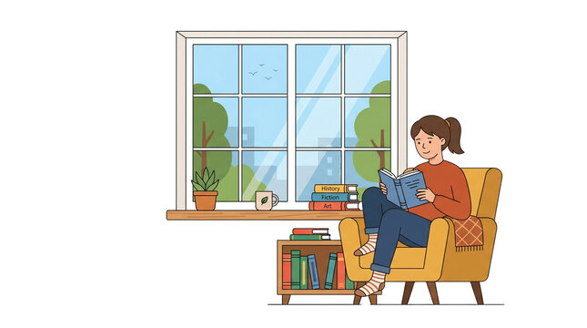 Cozy woman reading book in armchair, relaxed female character enjoying literature at home, peaceful hobby and education concept isolated PNG with Transparent Background