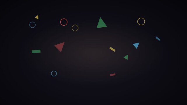Abstract geometric motion background, colorful floating shapes on dark backdrop, minimal flat design animation for video overlays