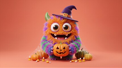 Fototapeta premium Fluffy monster wearing a purple witch hat holding a carved jack-o-lantern pumpkin. Cute Halloween creature surrounded by candy corn and cobwebs. Festive holiday character design.