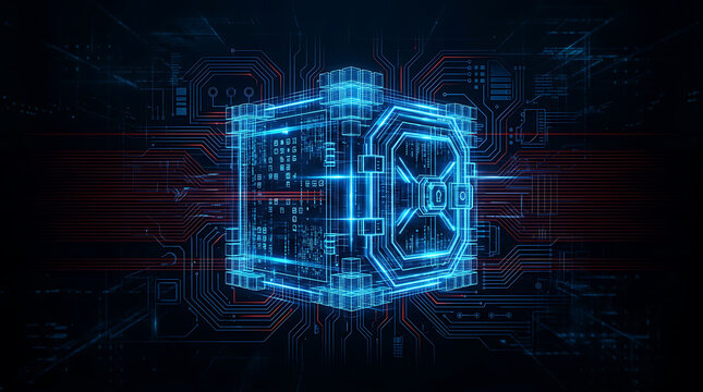 Futuristic digital safe or vault with glowing blue holographic interface representing cybersecurity and data protection in a