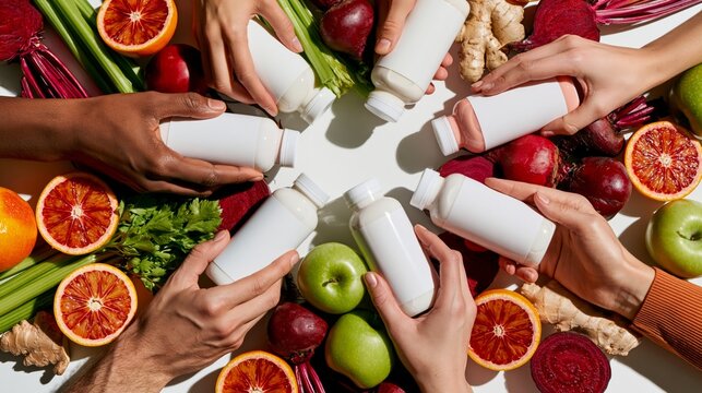 Diverse hands presenting a blank cold pressed juice bottle amid fresh cut fruits. Concept of juice packaging mockup.