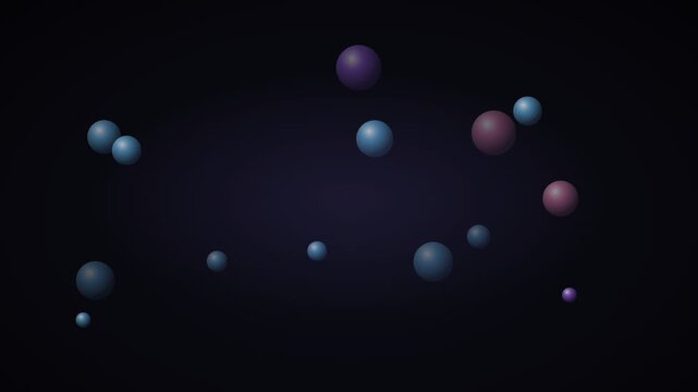 Abstract 3D spheres floating in dark space, purple and blue matte bubbles motion background, minimalist geometric particle animation