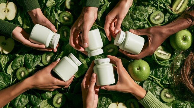 Diverse hands presenting a blank spirulina powder canister amid vivid green ingredients. Concept of health powder packaging mockup.
