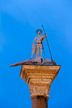 Italy, Veneto, Venice, figure of patron Saint Theodore at Piazza San Marco