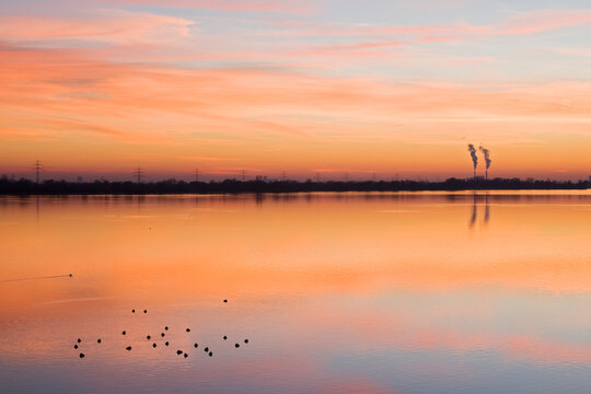 Germany, Bavaria, Speichersee at sunset