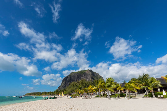 Mauritius, Southwest Coast, Le Morne with Mountain Le Morne Brabant, Hotel facility at beach