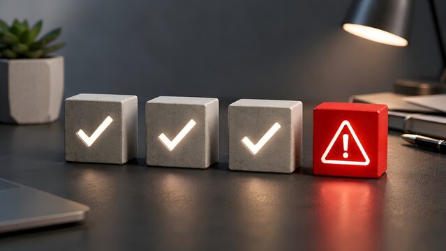 Concrete blocks with glowing checkmarks next to a red warning box. Concept of risk assessment, quality control failure, and system error detection.