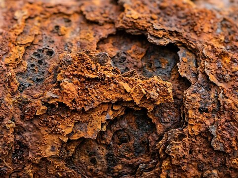 Close-up of severe metal corrosion and deep rust pits on rough surface with corrosion, oxidized