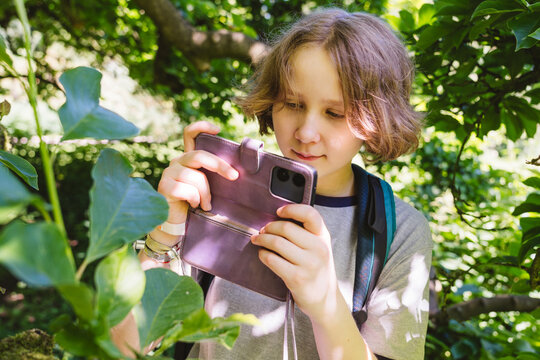 Teenage girl photographs a green plant with her smartphone outdoors