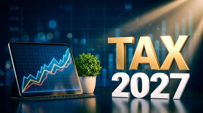 Tax 2027 financial planning concept, digital tablet with rising growth charts, gold 3D tax text on office desk