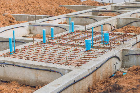 Foundation Footing in construction site, Shallow Foundation ground floor concrete beams and water pipeline structure