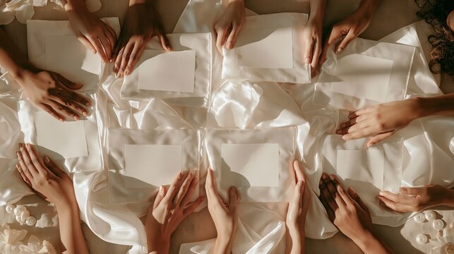 Soft diverse hands presenting a blank silk pillowcase package on a linen bed. Concept of silk pillowcase packaging mockup.