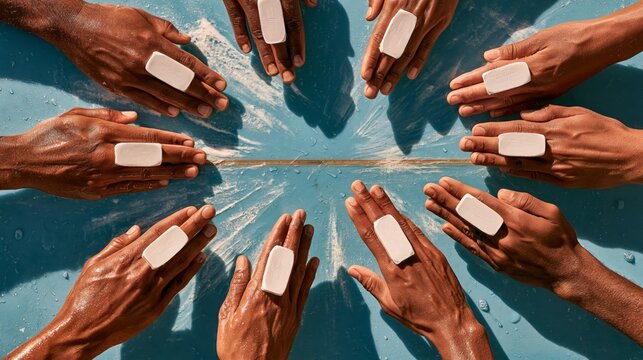 Sun-bronzed surfer hands presenting a blank surf product on a surfboard deck. Concept of surf product packaging mockup.