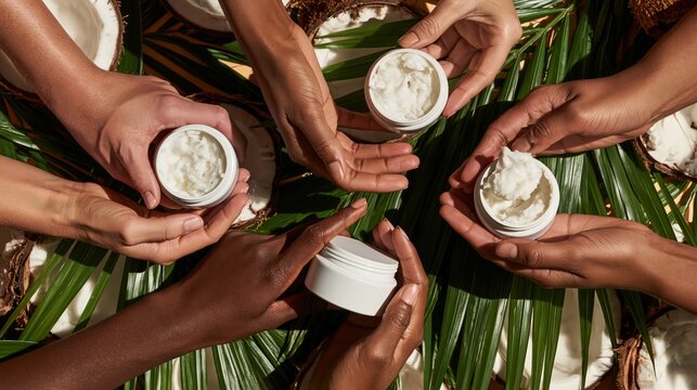 Tropical diverse hands presenting a blank coconut oil jar on a palm leaf surface. Concept of coconut oil packaging mockup.