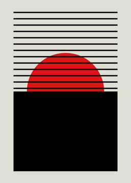 Abstract red circle with black lines in geometric bauhaus illustration