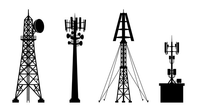 Communication Tower Silhouette Vector Set Featuring Telecommunication Antennas Mobile Network Masts 5G Cell Towers Power Pylons and Radio Transmitter Stations for Infrastructure Technology