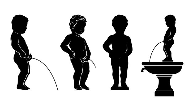 Manneken Pis Silhouette Vector Set Featuring Peeing Boy Fountain Statue Icons from Brussels Belgium for European Travel Guides Tourism Banners Souvenir Graphics and Historical Landmark Illustrations