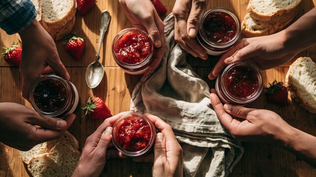 Rustic diverse hands presenting blank artisan jam jars on a farmhouse table. Concept of artisan jam packaging mockup.