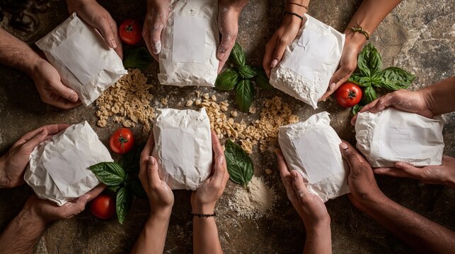Flour-dusted diverse hands presenting a blank artisan pasta package on a stone kitchen surface. Concept of artisan pasta packaging mockup.