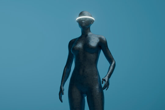A metallic humanoid cyborg stands against a blue background