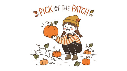 Fototapeta premium Pumpkin Patch Delight: A happy young girl in a cozy beanie and overalls crouches in a pumpkin patch, holding a bright orange pumpkin and beaming with joy.