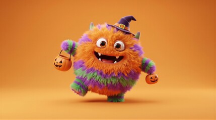 Fototapeta premium Funny fluffy monster wearing witch hat and holding pumpkin bucket. Cute Halloween character for celebration card. Cheerful creature with fur in 3D style for holiday party decoration.