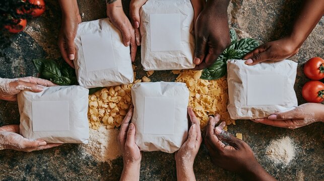 Flour-dusted diverse hands presenting a blank artisan pasta package on a stone kitchen surface. Concept of artisan pasta packaging mockup.