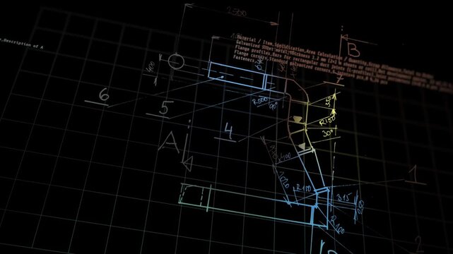 3D CAD mechanical engineering blueprint drafting featuring technical duct specifications, industrial notes, and a digital layout grid.