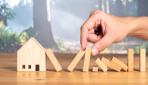 Risk prevention and protection concept with wooden house, falling blocks, and hand stopping domino effect.