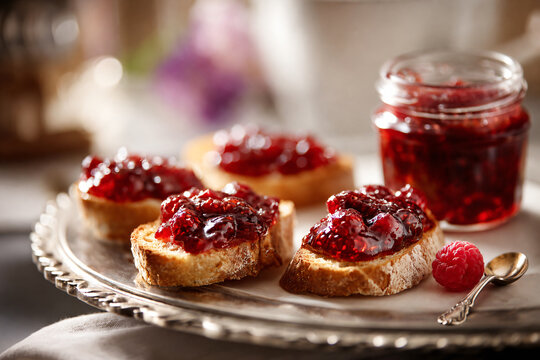 Rustic toasted bread topped with glossy homemade raspberry jam and fresh raspberries