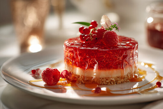 Elegant raspberry dessert with creamy filling, biscuit base and fresh berries on a white plate