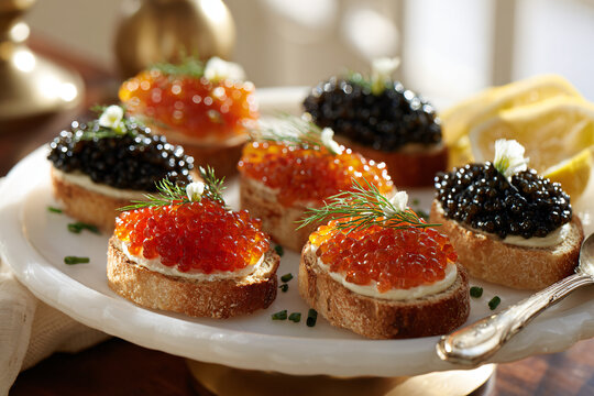 Gourmet toasted bread canapes topped with creamy cheese, red and black caviar, dill and lemon