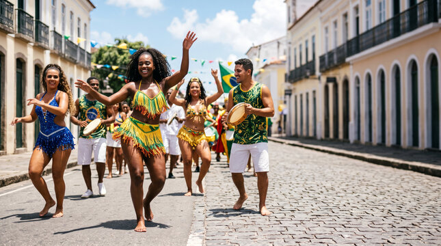 People dancing in colorful costumes during a street festival celebration