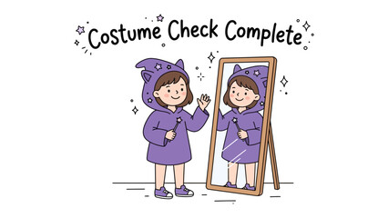 Costume Check Complete: A happy child in a whimsical wizard costume admires their reflection in a freestanding mirror, ready for magical adventures.