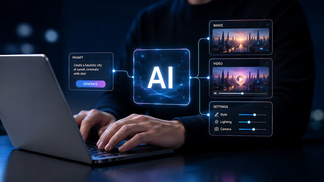 Artificial Intelligence Generates Futuristic Cityscape Image and Video Using Text Prompts on a Computer Interface