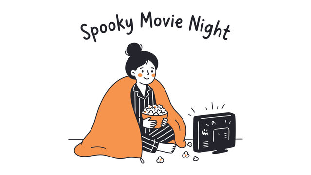 Cozy Spooky Movie Night: A young woman in pajamas, wrapped in a cozy blanket, enjoys a scary movie night with popcorn, surrounded by snacks, feeling content and thrilled.