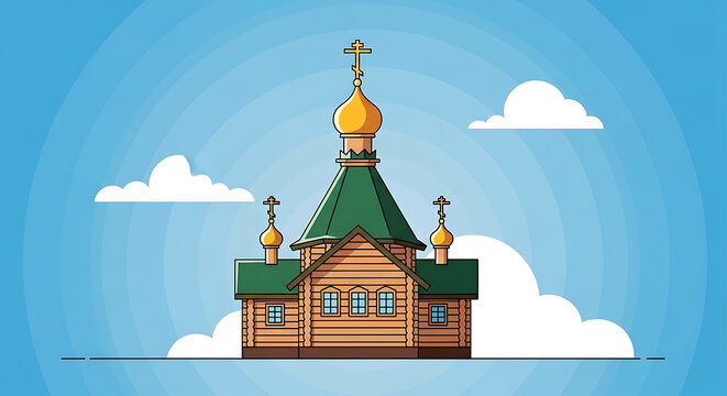 Traditional Orthodox church and wooden chapel with golden dome religious architecture in a clean flat illustration style with a blue sky