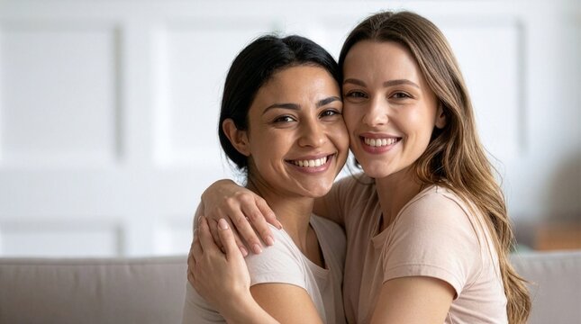 Happy Female Friends Embracing on a Couch