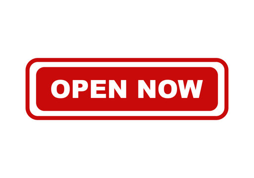 Red rectangular button with white text saying open now for business store entrance or website interface sign design isolated on transparent background