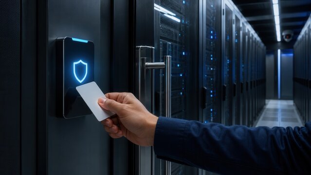 Secure server room access with key card authentication and data center cybersecurity protection concept