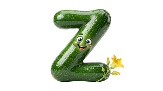 Zucchini letter Z character, cute green vegetable alphabet with smiling face, fresh organic squash mascot for kids education isolated PNG with Transparent Background