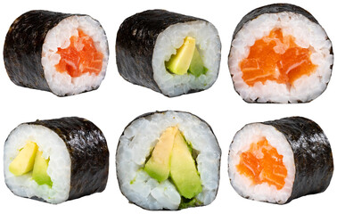 A captivating close-up photograph showcasing six fresh and expertly prepared maki sushi rolls. © BinhMai