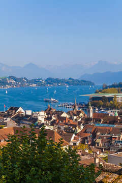 Switzerland, Canton of Lucerne, Lucerne, Old town, View to Lake Lucerne with paddlesteamer and boats, Lucerne Culture and Congress Centre