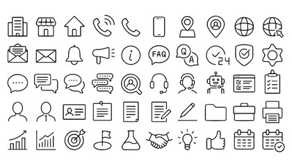 Fototapeta premium Business Communication and Customer Support Icon Set with Outline Contact Symbols Including Phone, Email, Location, Chat, Office, and Analytics for Corporate Website and App Interface Designs