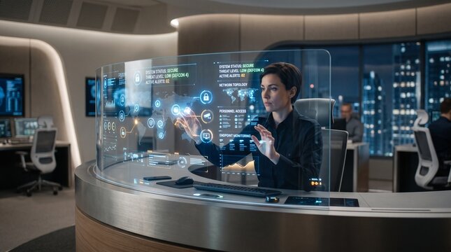 cyber security analyst security operations center soc control room futuristic technology transparent display holographic interface data visualization network monitoring