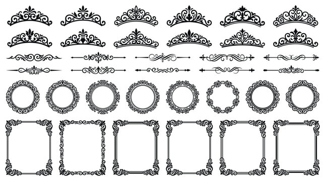 Collection of black silhouette ornate tiaras, decorative dividers, circular frames, and rectangular borders on a white background