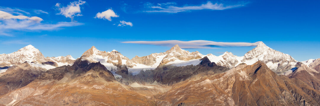 Switzerland, Valais, Zermatt, Alphubel, Allalinhorn and Rimpfischhorn in the morning
