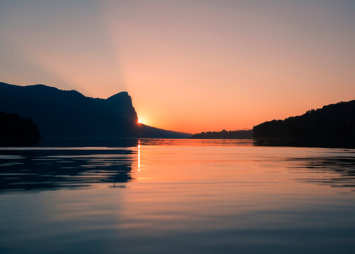 Austria, Mondsee, Lake Mondsee by sunset